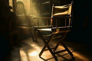 le chaise de une tournage réalisateur dans une rayon de lumière établi avec génératif ai technologie. photo