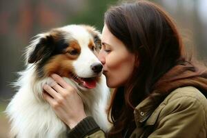 une femme embrasser sa bien-aimée chien établi avec génératif ai technologie. photo