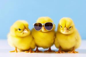 Trois Jaune poussins avec des lunettes de soleil établi avec génératif ai technologie. photo