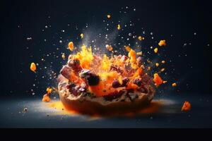 exploser Pizza sur une foncé Contexte établi avec génératif ai technologie. photo