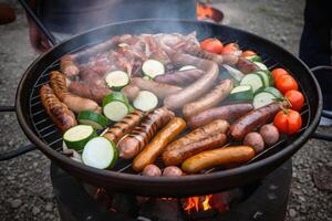 une savoureux barbecue avec saucisses et des légumes établi avec génératif ai technologie. photo