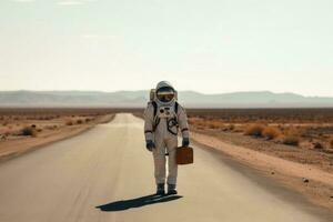 une auto-stop astronaute sur une solitaire route établi avec génératif ai technologie. photo