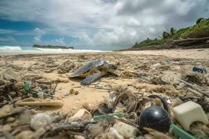 une lot de lavé Plastique déchets sur une tropical rêver plage une grand tortue entre le Plastique déchets établi avec génératif ai technologie. photo