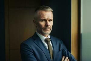 portrait de une affaires homme dans un Bureau établi avec génératif ai technologie. photo