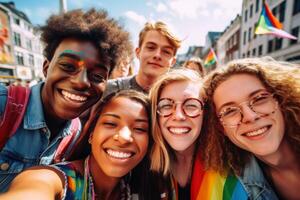 Jeune gens célébrer fierté lgbtq établi avec génératif ai technologie. photo