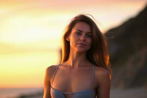 attrayant femme portant une bikini à le plage pendant le coucher du soleil établi avec génératif ai technologie. photo