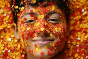 une Humain visage fabriqué de confettis établi avec génératif ai technologie. photo