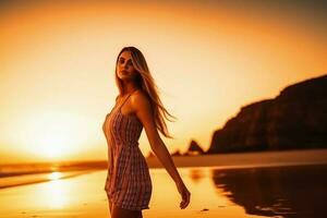 attrayant femme portant une bikini à le plage pendant le coucher du soleil établi avec génératif ai technologie. photo