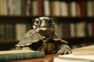une très vieux tortue portant des lunettes dans une bibliothèque établi avec génératif ai technologie. photo