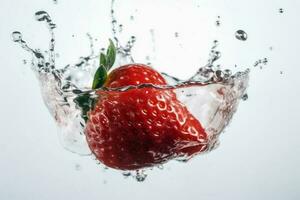 des fraises chute dans l'eau avec éclaboussures sur une blanc Contexte établi avec génératif ai technologie. photo