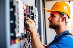 un électricien pendant une réparation établi avec génératif ai technologie. photo