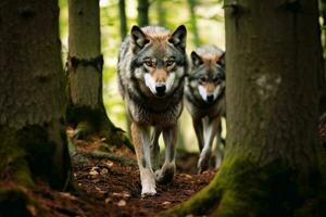 sauvage loups dans une forêt établi avec génératif ai technologie. photo