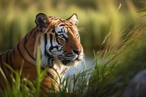 une fort tigre dans le haute herbe à une rivière établi avec génératif ai technologie. photo