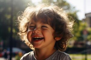 une portrait de content souriant garçon sur une ensoleillé journée établi avec génératif ai technologie. photo