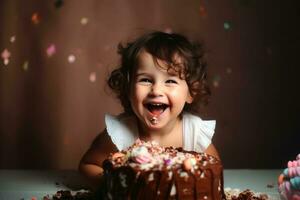 une content en riant enfant avec une anniversaire gâteau établi avec génératif ai technologie. photo