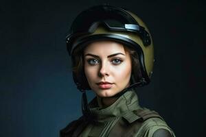 une portrait de une femme dans une militaire tenue avec casque établi avec génératif ai technologie. photo