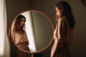 une femme à la recherche dans une miroir établi avec génératif ai technologie. photo