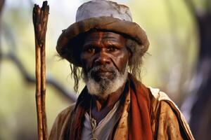 un australien aborigène dans traditionnel robes établi avec génératif ai technologie. photo