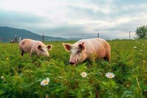 les cochons sur une vert Prairie sur une ferme établi avec génératif ai technologie. photo