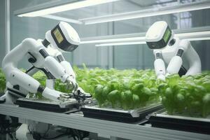 des robots salade les plantes dans laboratoire futuriste robotique Les agriculteurs transformer agriculture avec Avancée La technologie ferme automatisation ai généré photo