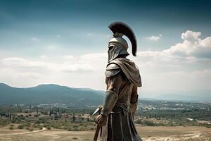 spartiate guerrier dans armure sur champ de bataille paysage, ai généré photo