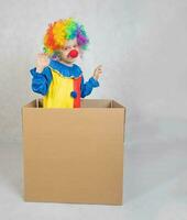 garçon de cinq ans habillé dans le costume de une pitre séjours dans une carton papier boîte. photo