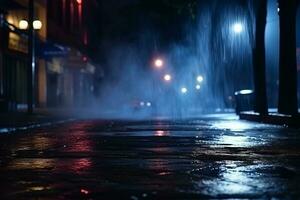 foncé Urbain nuit abstrait lumière reflets sur humide asphalte, néon lumières, projecteur, et fumée dans un vide rue ai généré photo
