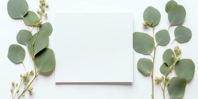 minimaliste salutation carte maquette avec délicat sec eucalyptus feuilles - Haut vue sur une nettoyer blanc arrière-plan, ai généré photo