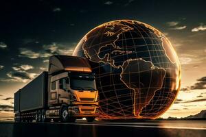 un camion vite livraison global logistique camionnage des biens à travers le monde un camion logistique pour international expédition, ai généré photo