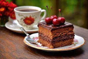 pièce de Belge Cerise Chocolat gâteau et tasse de thé établi avec génératif Al La technologie photo