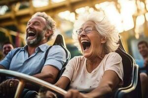 60 année vieux femmes et homme excès de vitesse vers le bas une rouleau Coaster établi avec génératif Al La technologie photo