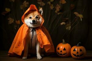 citrouilles. shiba chien est une sorcière. shiba dans Halloween costume. génératif ai photo