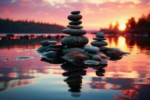 tranquille le coucher du soleil paramètre, Zen des pierres pacifiquement repos dans chatoyant l'eau ai généré photo