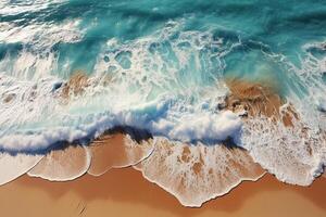 une Stupéfiant aérien vue de une serein sablonneux plage par le mer ai généré photo