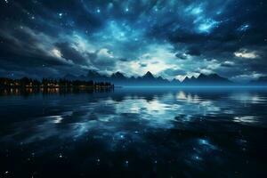 la nuit sérénité enveloppe le lac, fusion avec le bleu horizon ai généré photo