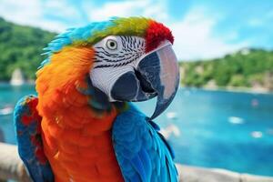 majestueux ara oiseau exhibe vibrant plumes contre Azur tropical mer ai généré photo