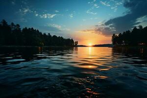 tombée de la nuit embrasse le lac, fusion le foncé avec une loin bleu horizon ai généré photo