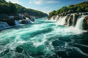 lumière du soleil baignades cascades, création une fascinant tapisserie avec turquoise des eaux ai généré photo