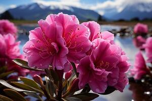 le coucher du soleil baignades le Montagne champ dans teintes de rhododendron fleurs' beauté ai généré photo