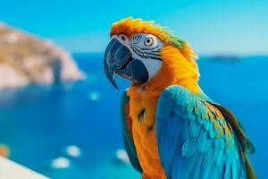 exotique perroquet oiseau pose contre étourdissant bleu mer paysage ai généré photo