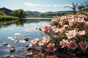 délicat fleurit et rajeuni feuillage peindre une pittoresque printemps paysage ai généré photo