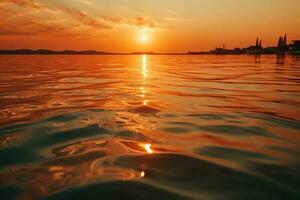 fascinant reflets de un abstrait Orange Soleil sur l'eau et horizon ai généré photo