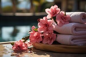 captivant de face vue de une bien-être paradis, spa des pierres, rose fleurs, les serviettes ai généré photo