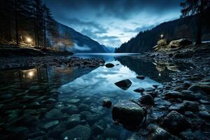 serein Lac à nuit, où obscurité se rencontre le vaste bleu horizon ai généré photo