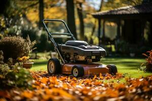 maintenir une bien entretenu jardin par enlever feuilles et herbe dans tomber ai généré photo