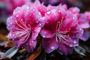 le coucher du soleil baignades le Montagne champ dans teintes de rhododendron fleurs' beauté ai généré photo