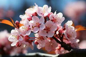 la nature chef-d'œuvre, printemps fleurs fusion avec flou soleil, formant une bannière ai généré photo