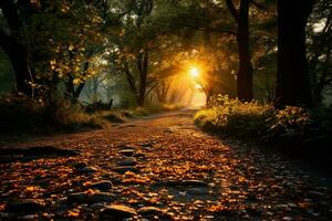 énigmatique sentier, où lumière du soleil filtres par une rideau de feuillu des arbres ai généré photo