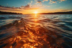 une radiant Orange Soleil jette enchanteur reflets sur le l'eau et horizon ai généré photo