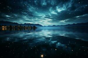 une foncé étendue se rencontre le chatoyant bleu horizon sur le nuit Lac ai généré photo